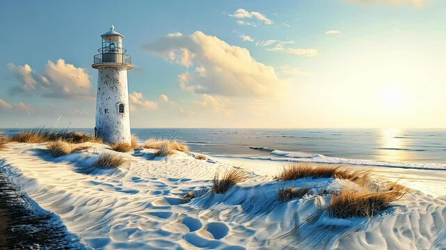 Lighthouse over dunes and beach grass on the New England coast