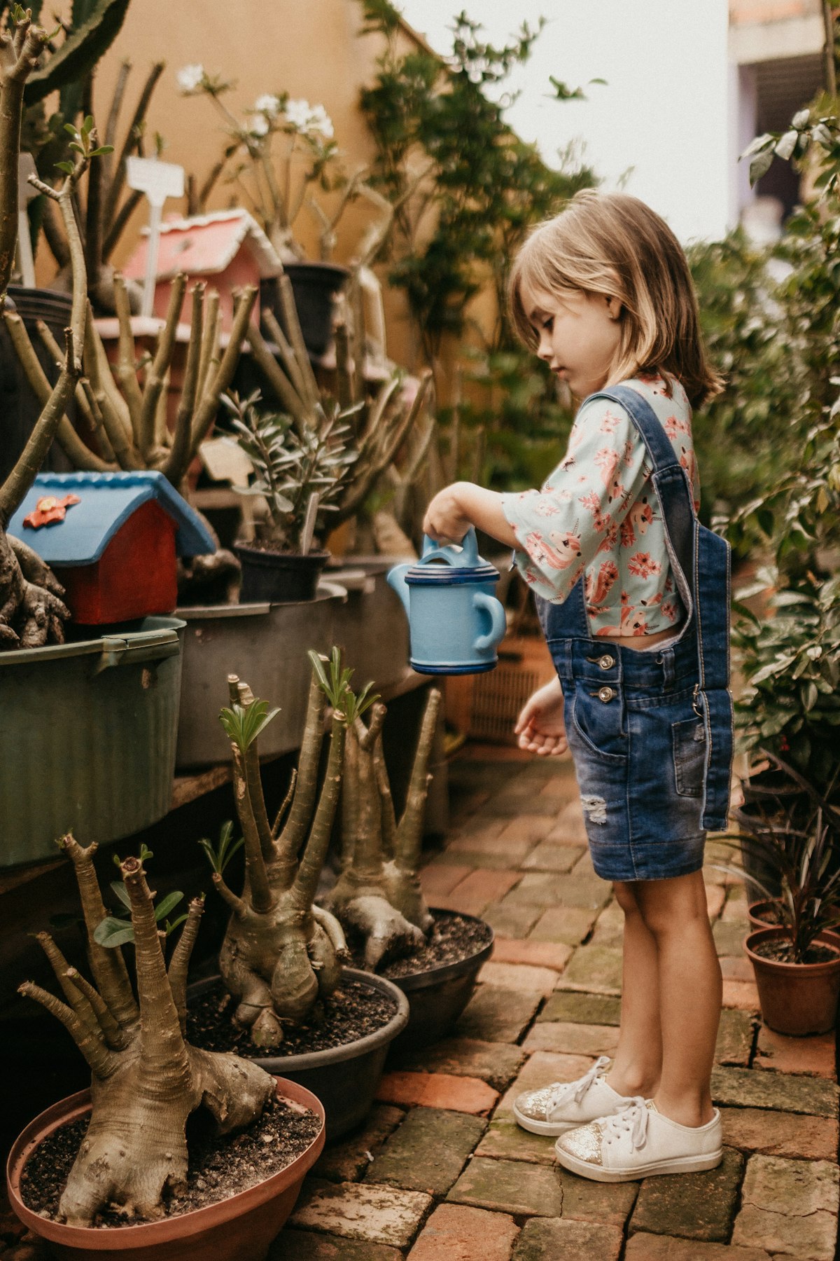 Young girl who invented her own job — watering garden plants with a little blue can