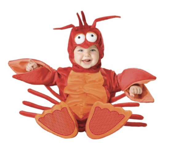 Smiling baby in a red and orange lobster costume with big googly eyes and claws