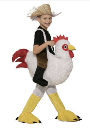 Boy in a straw hat appearing to ride a big white chicken, with yellow feet and a red comb