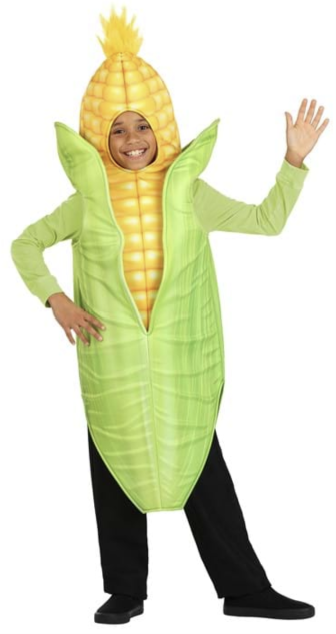 Smiling boy in a corn-on-the-cob costume, waving