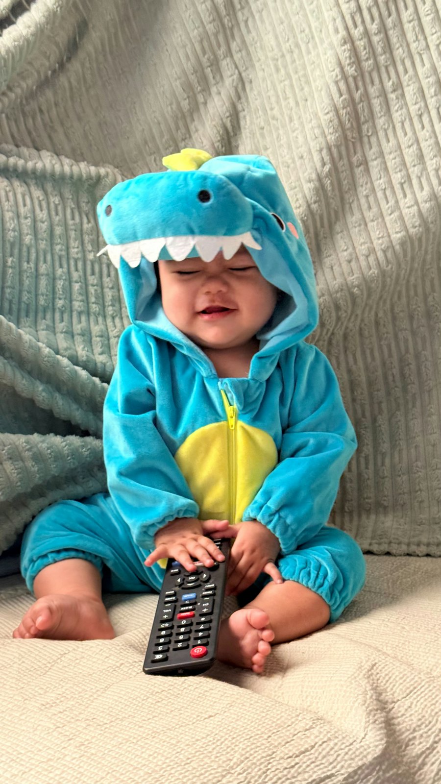Baby in a blue dinosaur costume with a yellow belly, sitting on a sofa