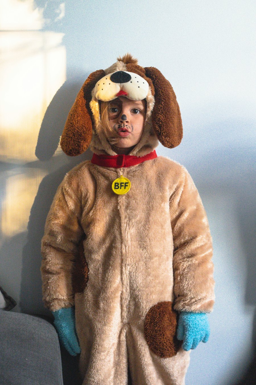 Young boy in a fluffy brown dog costume with floppy ears and a red collar tag reading BFF