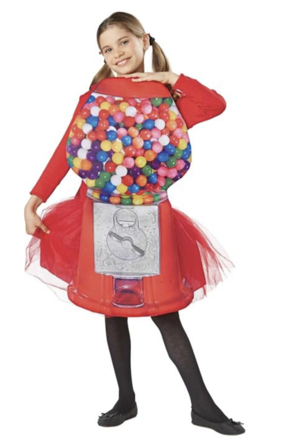 Smiling girl in a red gumball-machine costume full of colorful gumballs