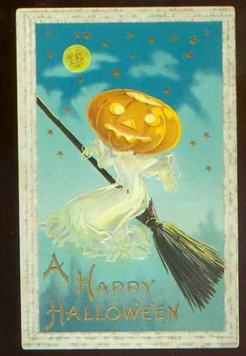 A vintage American Halloween postcard, circa 1900-1910, showing a ghost riding a broomstick with a jack-o'-lantern head