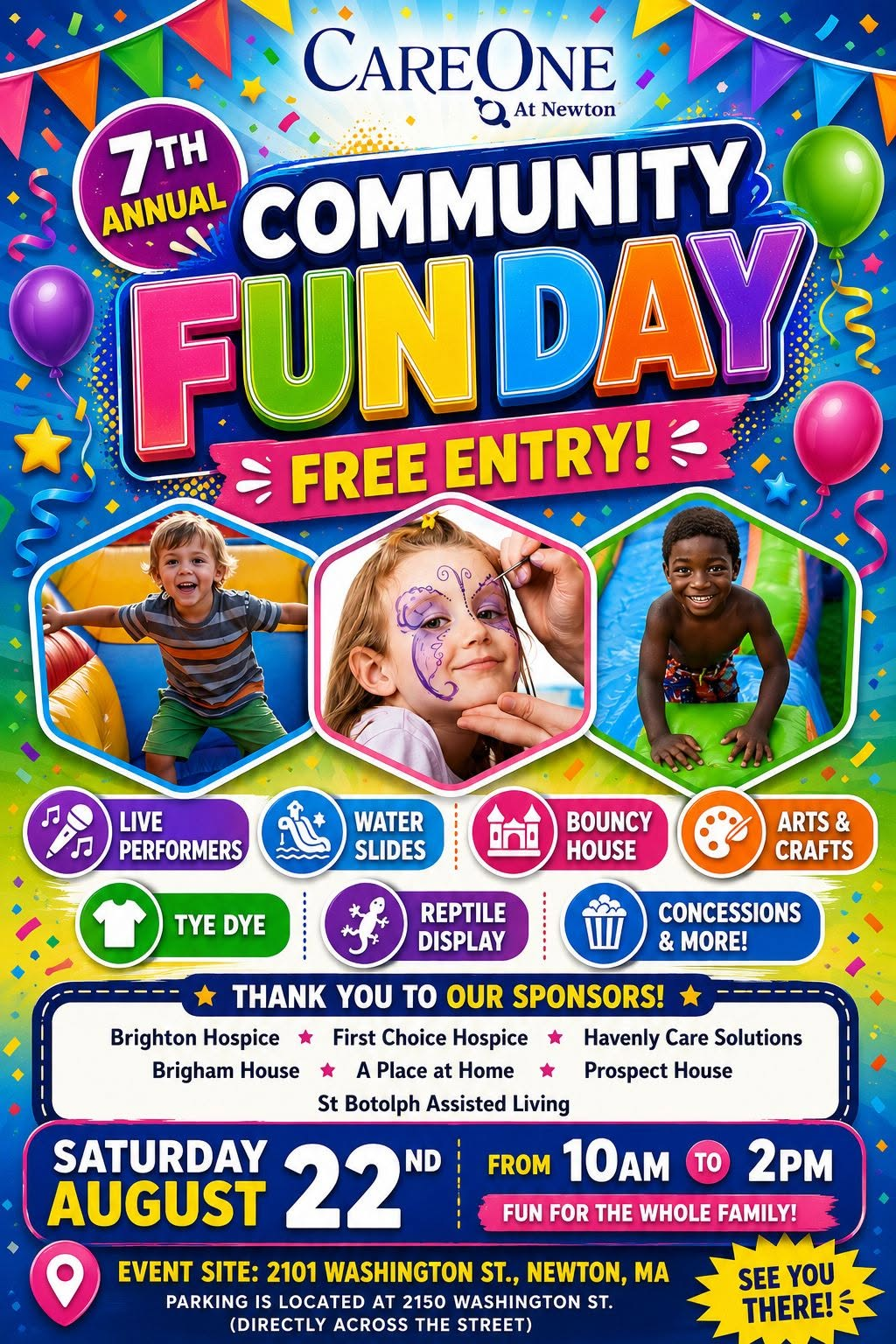 Flier: 7th Annual Community Fun Day at CareOne at Newton — free entry, Saturday August 22, 2026, 10 AM to 2 PM