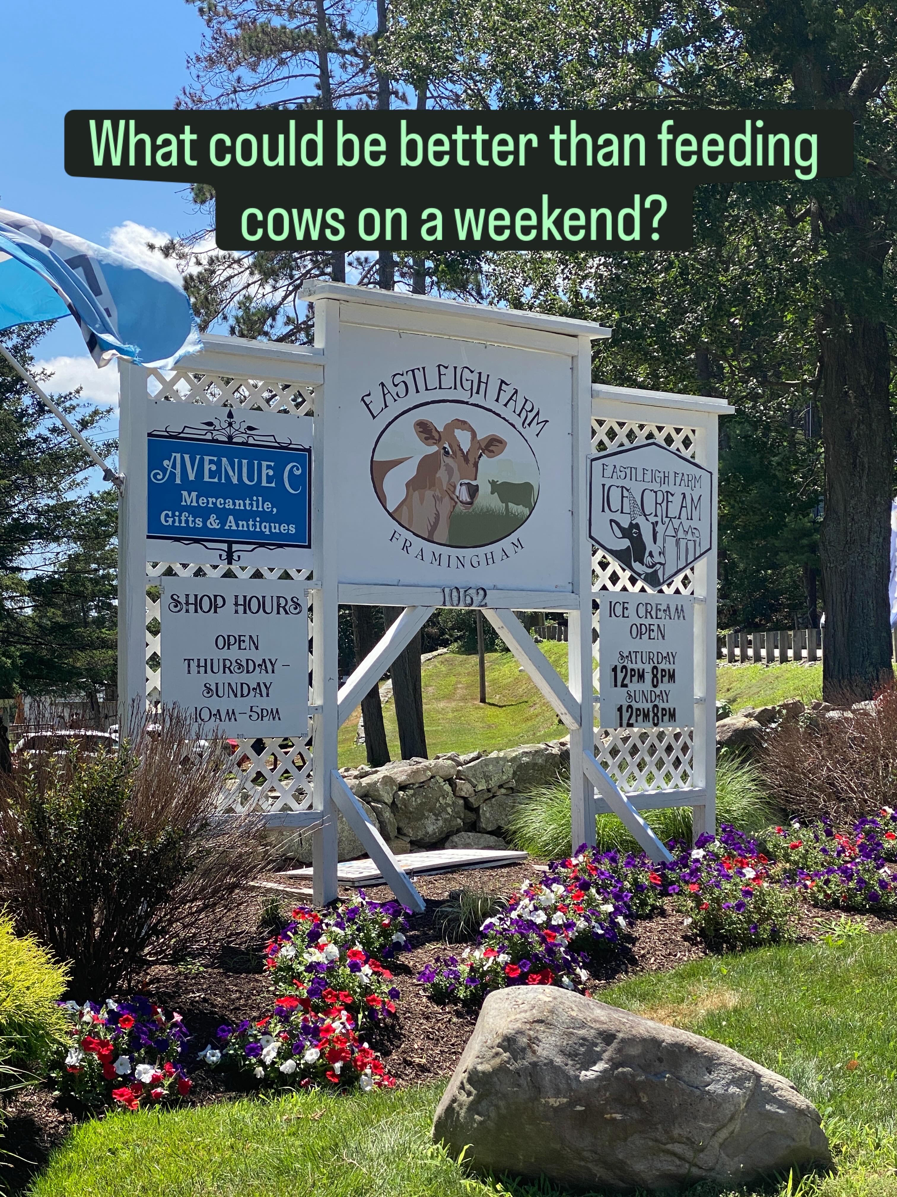 Eastleigh Farm entrance sign in Framingham with Avenue C shop hours and ice cream stand hours