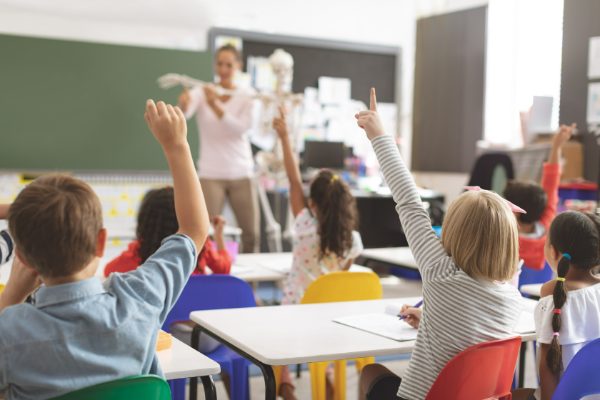 Children raising their hands in an enrichment class