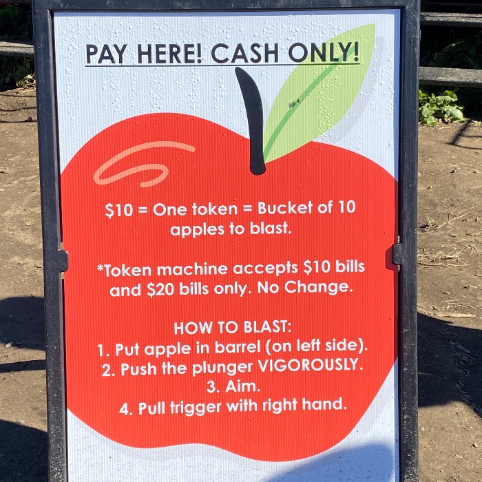 The farm’s pay-here sign: $10 is one token, a bucket of 10 apples, cash only, with the four steps to blast