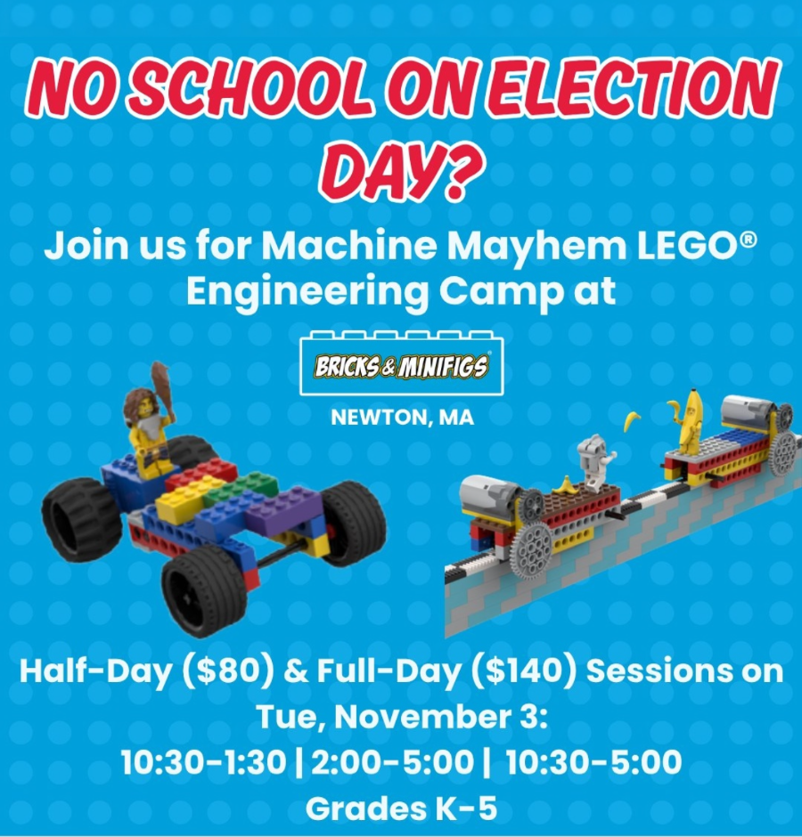 Bricks & Minifigs Newton: Machine Mayhem LEGO Engineering Camp on Election Day, Tuesday November 3, grades K–5