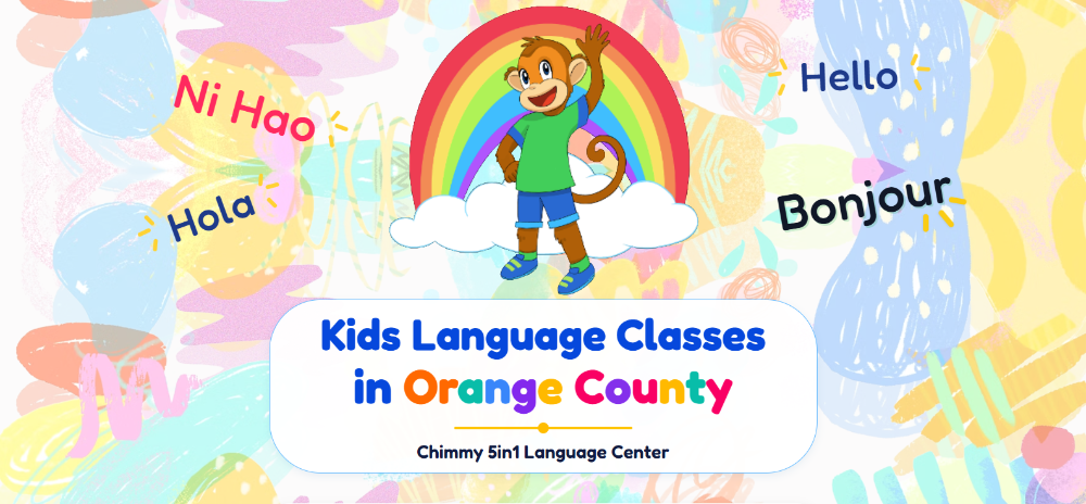 Chimmy 5in1 Languages Center: a waving monkey under a rainbow with Ni Hao, Hola, Hello and Bonjour