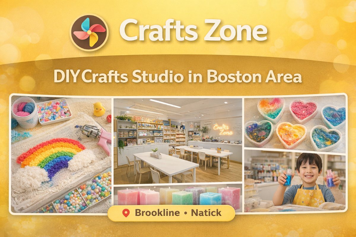 Crafts Zone DIY studio banner: a rainbow tufted rug, the bright Brookline studio, resin heart trays, candles and a smiling child holding glitter bottles
