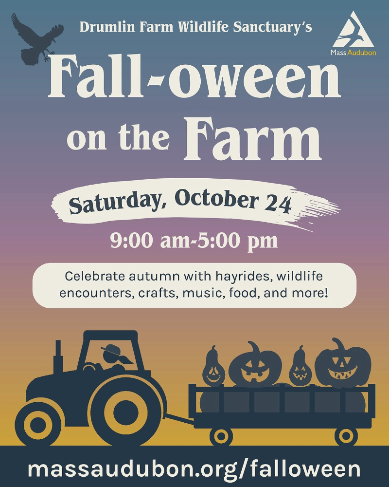 Poster: Drumlin Farm Wildlife Sanctuary’s Fall-oween on the Farm, Saturday October 24, 9am–5pm, with a tractor pulling a hay wagon of jack-o’-lanterns