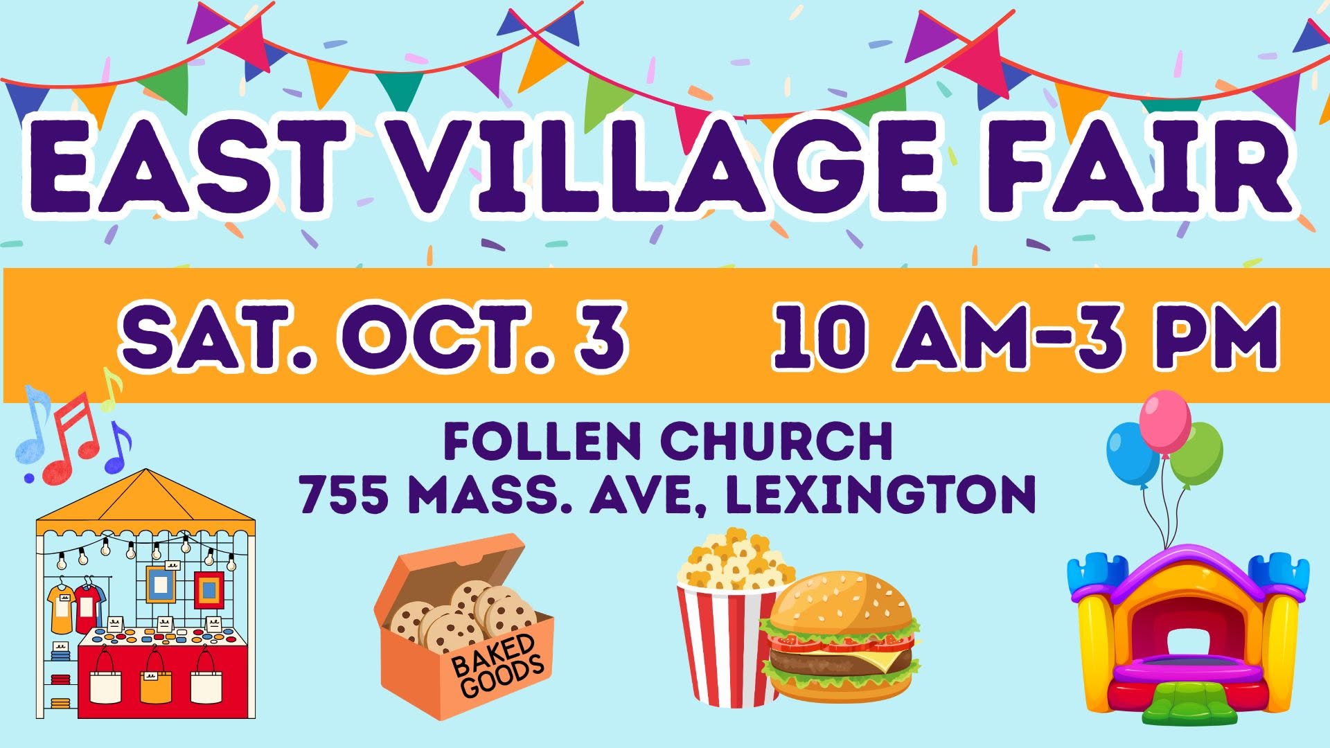 East Village Fair flyer — Saturday Oct 3, Follen Church, Lexington