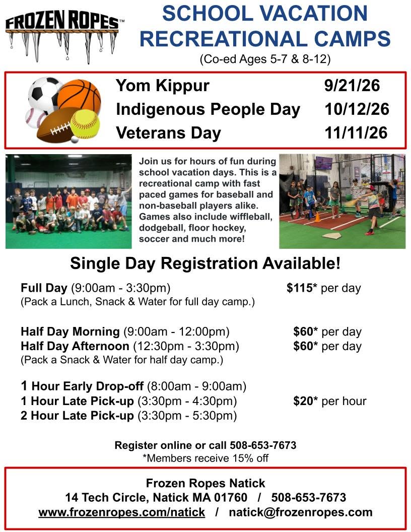 Frozen Ropes Natick school vacation recreational camps flier — dates, times and prices
