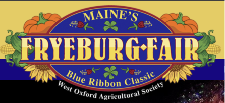 Maine's Fryeburg Fair, Blue Ribbon Classic, West Oxford Agricultural Society logo with pumpkins, corn and sunflowers