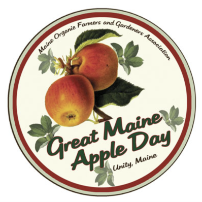 Great Maine Apple Day logo: two red-and-gold apples with the words Great Maine Apple Day, Unity, Maine, from the Maine Organic Farmers and Gardeners Association
