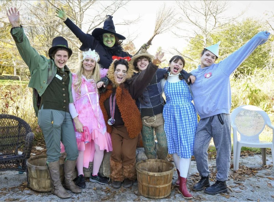 Land’s Sake staff in costume as Dorothy, the Scarecrow, the Cowardly Lion, the Tin Man and the Wicked Witch at the farm