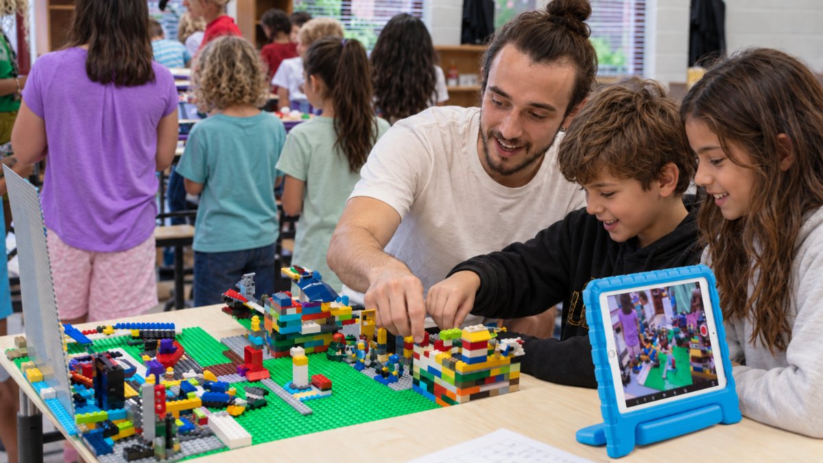 Students and an instructor building a LEGO set at a table during a Make & Motion class
