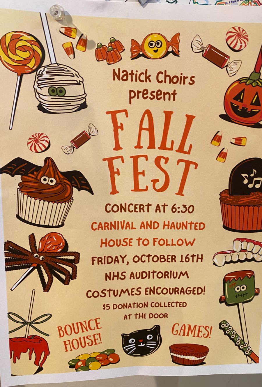 Natick Choirs Fall Fest flyer: concert at 6:30, carnival and haunted house, Friday October 16, NHS Auditorium