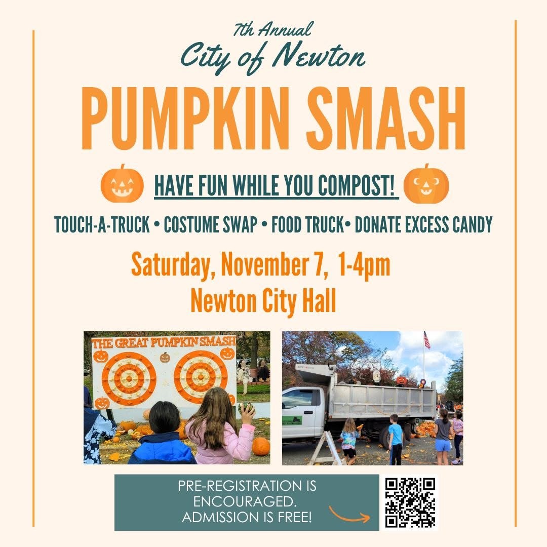 City of Newton 7th Annual Pumpkin Smash flyer: Saturday November 7, 1–4pm, Newton City Hall. Touch-a-truck, costume swap, food truck, donate excess candy. Pre-registration encouraged, admission is free.