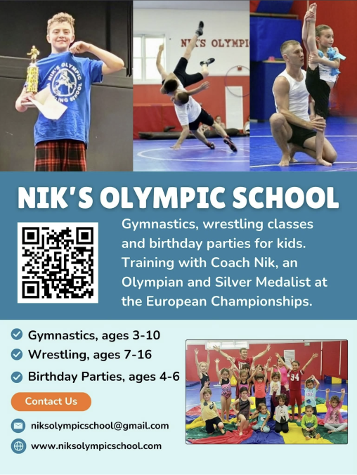 Nik's Olympic School flyer — gymnastics, wrestling and birthday parties