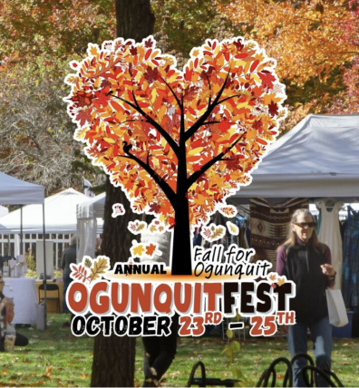 OgunquitFest graphic: a heart-shaped autumn tree over a craft fair with the words Fall for Ogunquit, Annual OgunquitFest, October 23rd to 25th