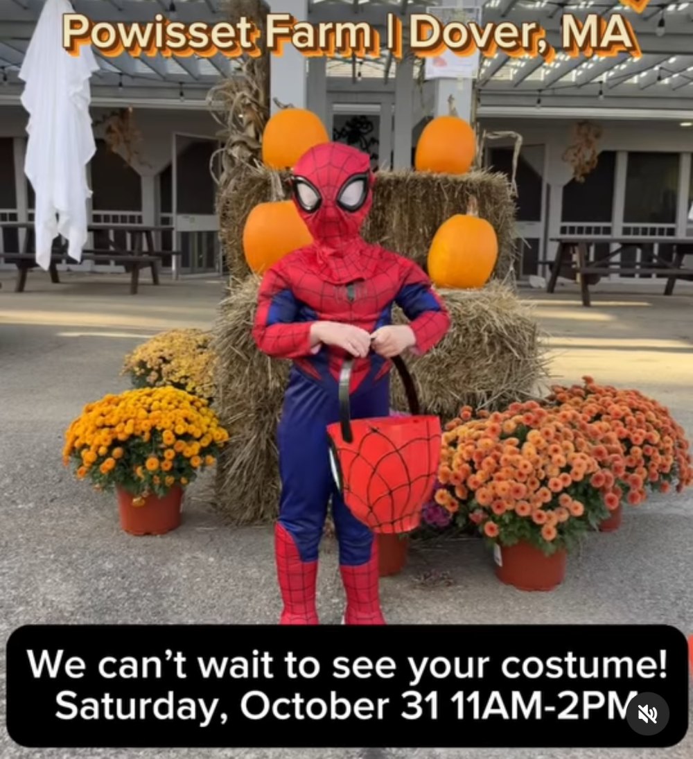 Child in a Spider-Man costume with a trick-or-treat bucket at Powisset Farm, Dover: Boo in the Barnyard, Saturday October 31, 11am to 2pm