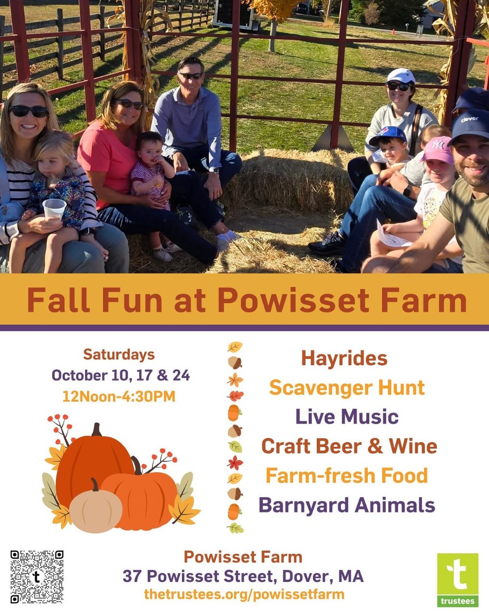 Fall Fun at Powisset Farm poster: Saturdays October 10, 17 and 24, 12 noon to 4:30pm, hayrides, scavenger hunt, live music, barnyard animals