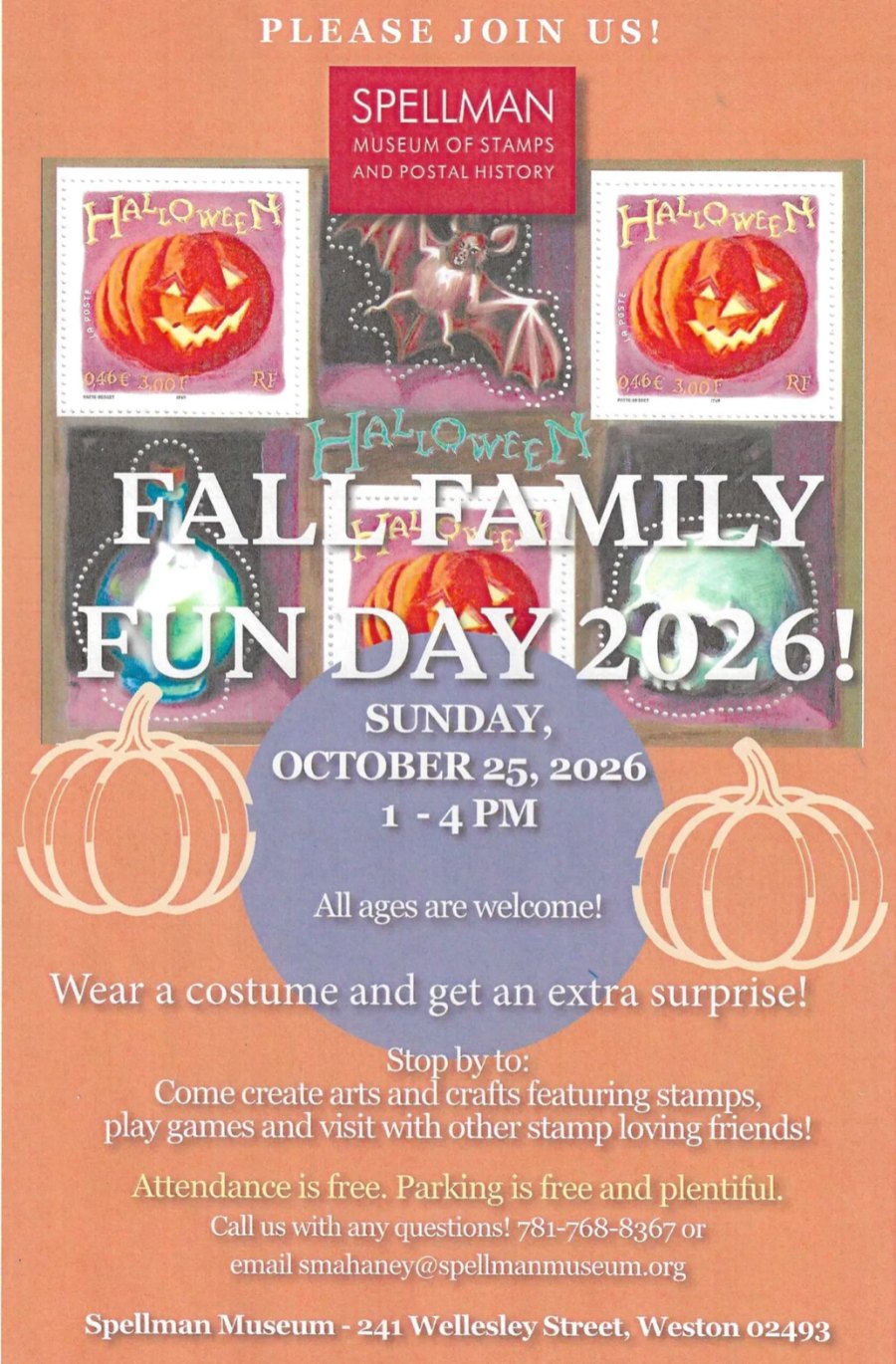 Spellman Museum Fall Family Fun Day 2026 poster: Halloween stamps, Sunday October 25, 1–4pm, all ages welcome