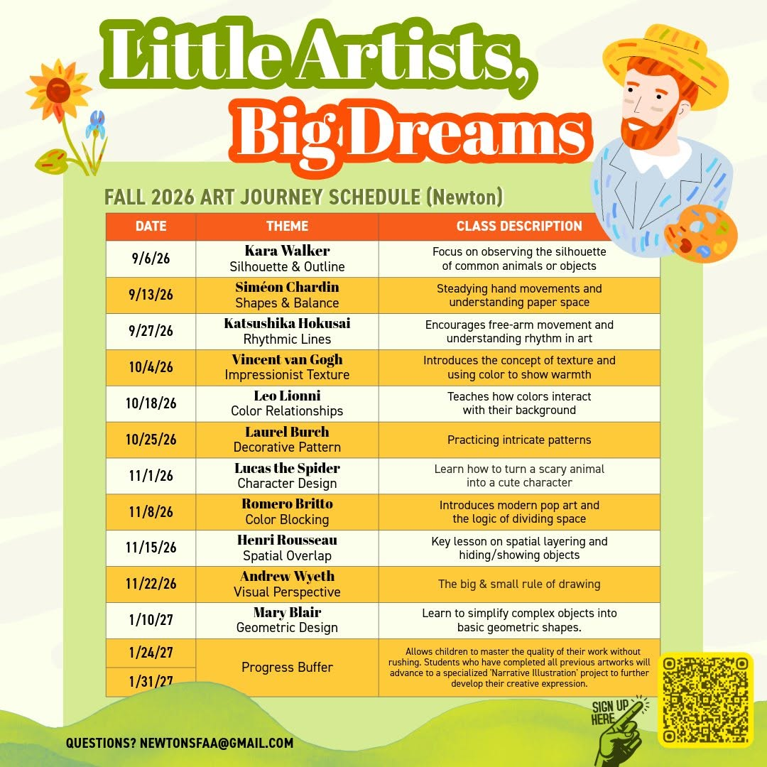 Little Artists Big Dreams fall 2026 art journey schedule — 13 sessions each studying a famous artist