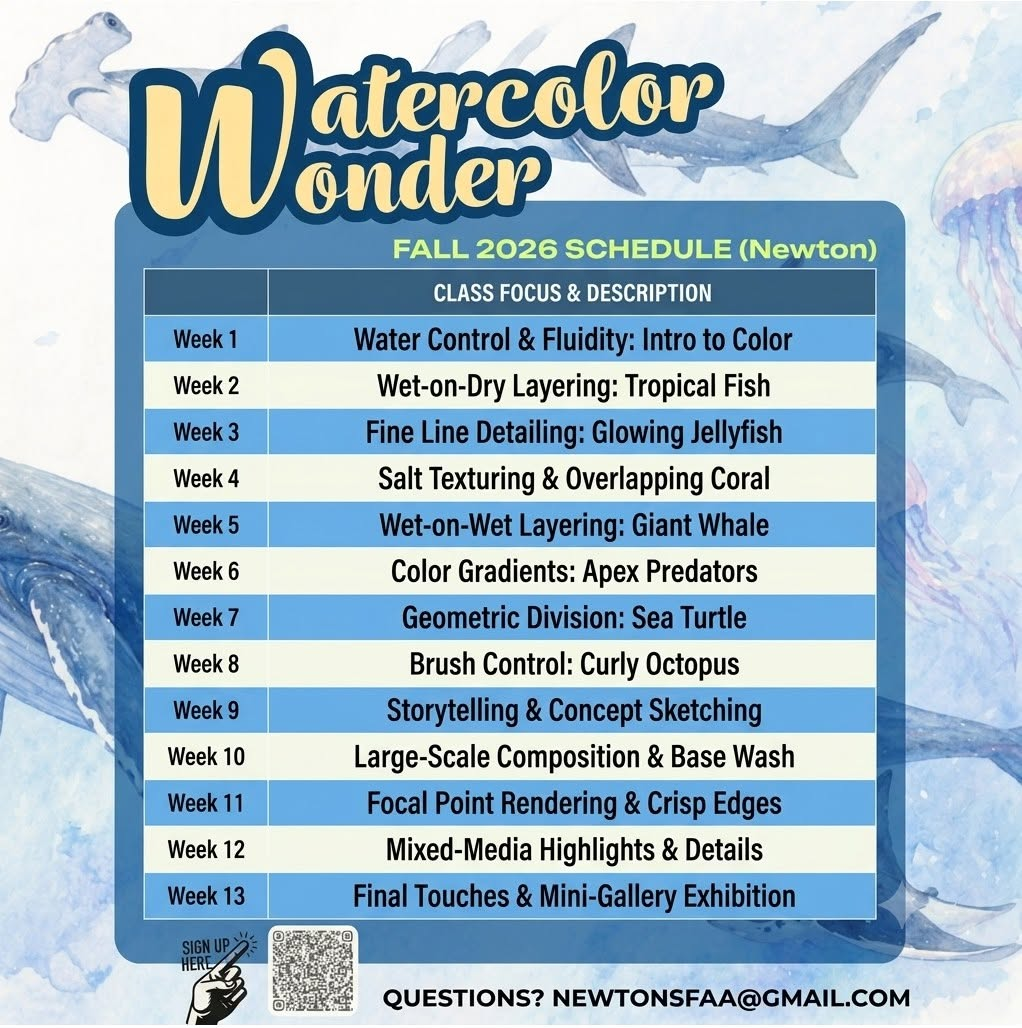 Watercolor Wonder fall 2026 schedule — 13-week ocean watercolor series for kids in Newton