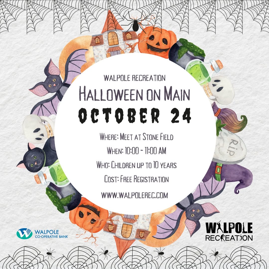 Walpole Recreation Halloween on Main poster — October 24, meet at Stone Field, 10:00–11:00 AM, children up to 10 years, free registration, walpolerec.com.