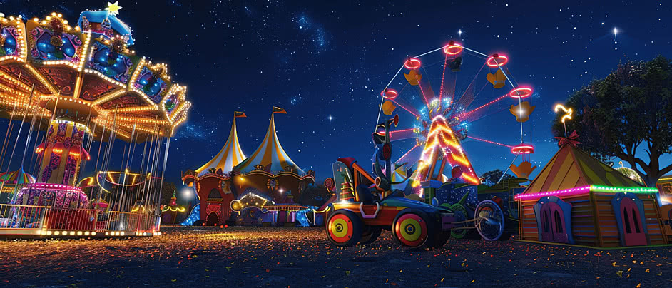 Carousel, big top and lit-up Ferris wheel at an amusement park at night